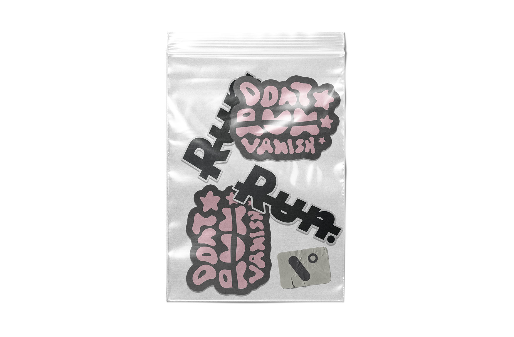 Transparent zip lock bag with Vusi Studios stickers